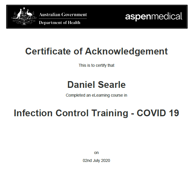 infection control covid training certificate 2020